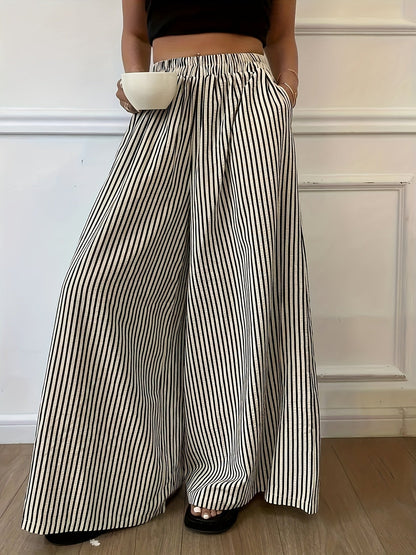 Pantalones Anchos de Rayas Melocotón para Mujeres con Cintura Alta y Cinturilla Elástica, Estilo Fluido y Relajado