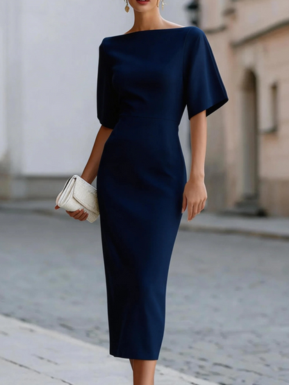 Vestido Midi Elegante de Corte Recto para Mujeres con Cuello Barco y Manga de Volante Estilo Bodycon para Cóctel