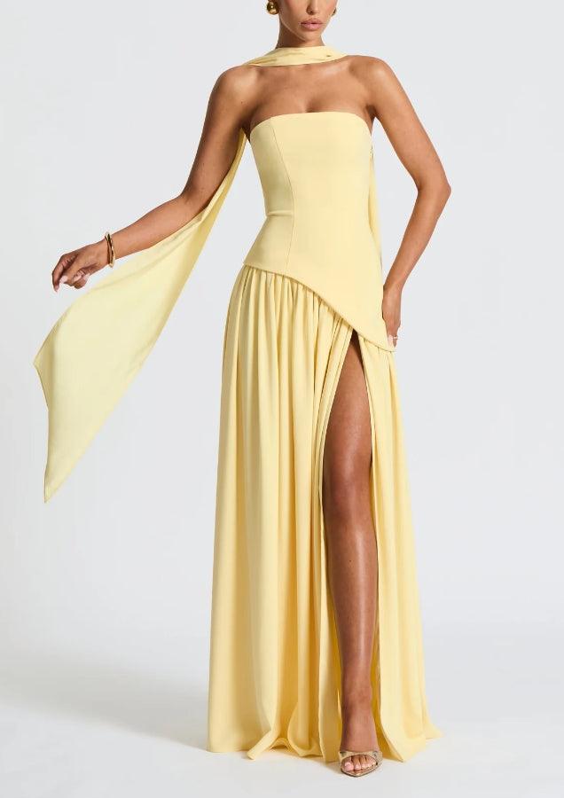Vestido Maxi de Satén Elegante para Mujeres con Chal Esculpido Sin Mangas y Gran Abertura, Estilo Formal para Invitadas de Boda