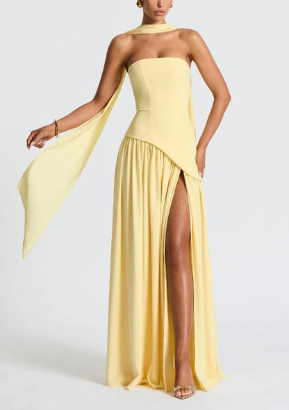 Vestido Maxi de Satén Elegante para Mujeres con Chal Esculpido Sin Mangas y Gran Abertura, Estilo Formal para Invitadas de Boda