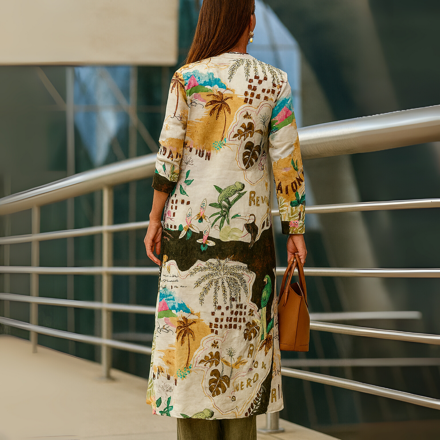 Conjunto de Dos Piezas con Estampado Tropical Sin Esfuerzo para Mujeres con Duster de Botones y Pantalón de Pierna Ancha Estilo Bohemio