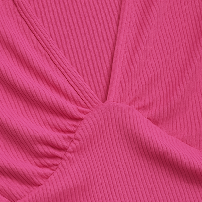 Mono de Pierna Ancha Acanalado Sin Esfuerzo para Mujeres con Escote en V y Cintura Fruncida Estilo Fluido