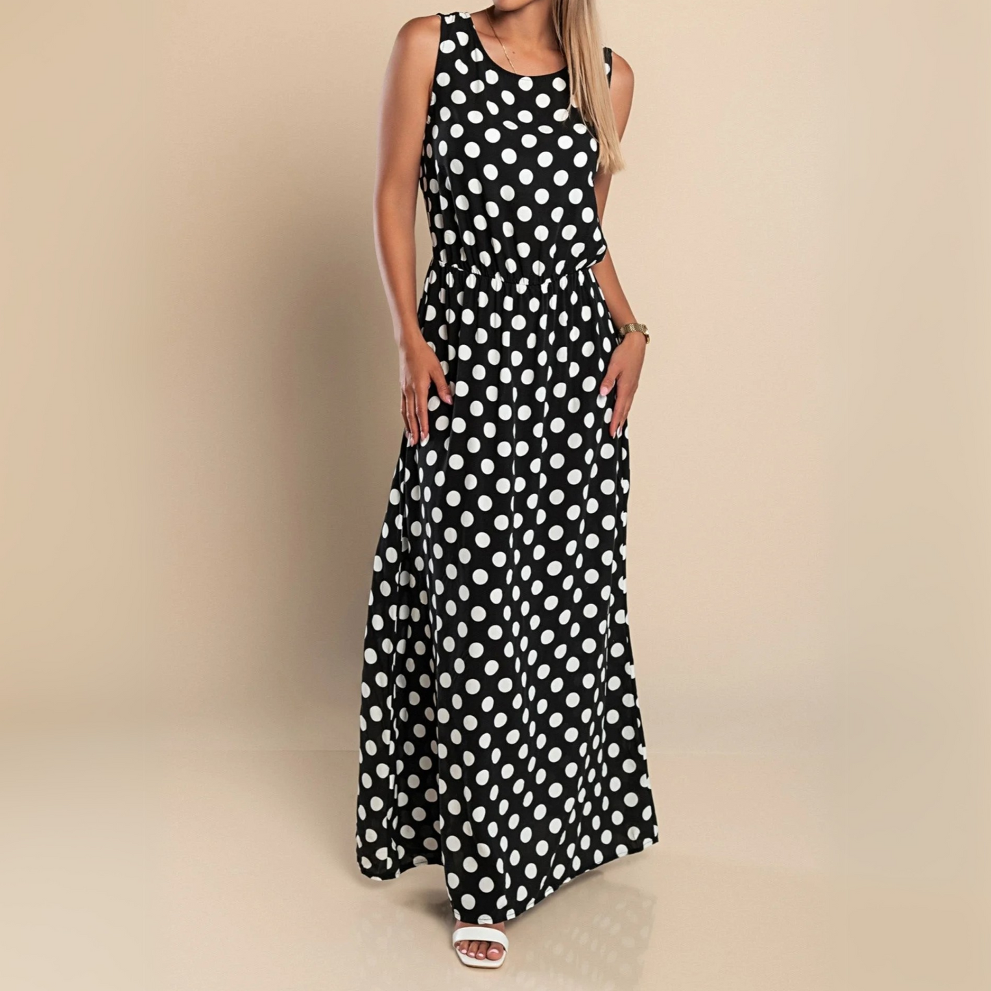 Vestido Maxi de Lunares sin Mangas para Mujeres con Cuello Redondo y Cintura Elástica, Estilo Fluyente