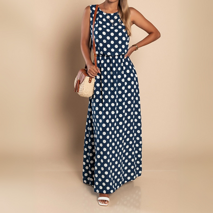 Vestido Maxi de Lunares sin Mangas para Mujeres con Cuello Redondo y Cintura Elástica, Estilo Fluyente