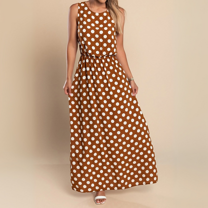 Vestido Maxi de Lunares sin Mangas para Mujeres con Cuello Redondo y Cintura Elástica, Estilo Fluyente