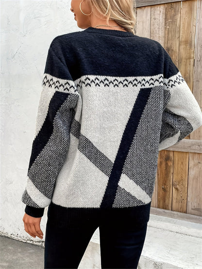 Suéter Geométrico Colorblock Cómodo para Mujeres con Cuello Redondo, Manga Larga, Estilo Relajado y Oversized