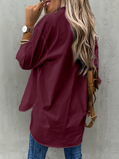Blusa de Bolsillo Utilitaria sin Esfuerzo para Mujeres con Cuello y Manga Larga de Corte Curvado Relajado