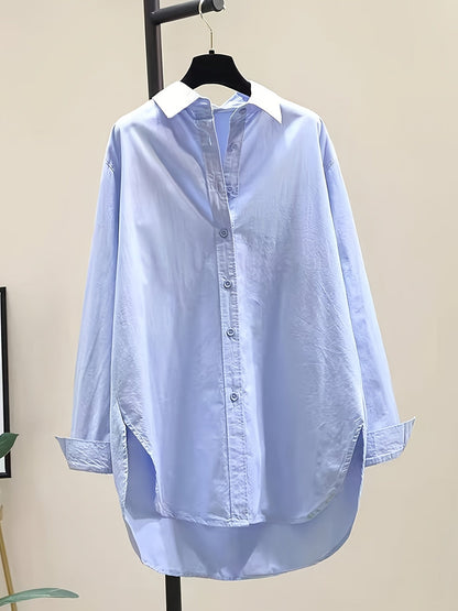 Blusa de Algodón Sin Esfuerzo para Mujeres con Cuello de Punto, Manga Larga, Estilo Oversized y Bajo Irregular