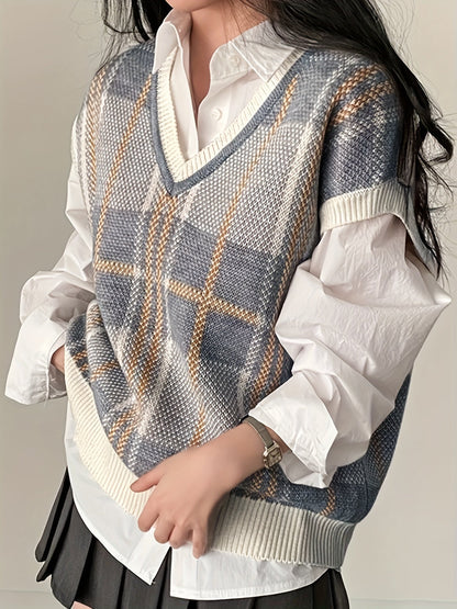 Chaleco de Suéter a Cuadros Cómodo para Mujeres con Cuello en V Sin Mangas y Ribete Acanalado Estilo Oversized