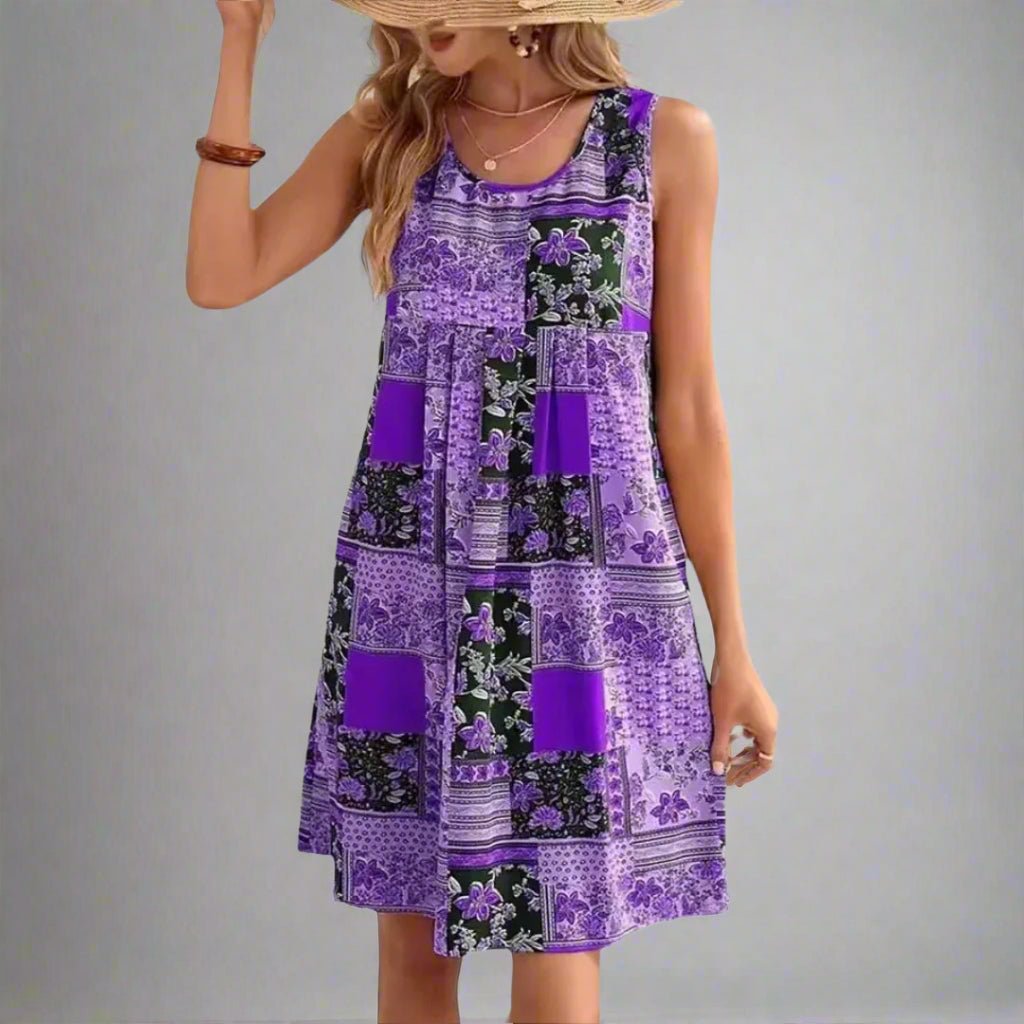 Vestido Mini Floral de Patchwork sin Esfuerzo para Mujeres con Escote Redondo, Sin Mangas, Plisado, Estilo Boho