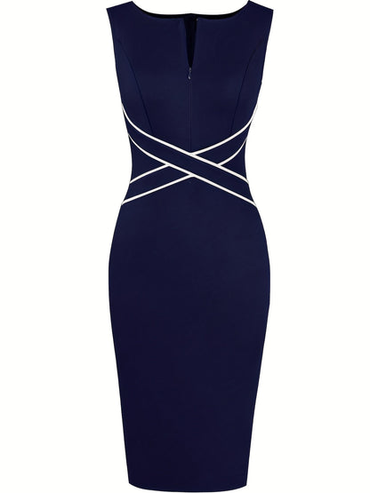 Vestido Midi Ajustado Elegante para Mujeres con Escote en V, Sin Mangas y Cintura Cruzada Estilo Cóctel