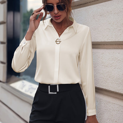 Blusa Elegante de Manga Larga con Detalles de Botones de Perla - Ajuste Slim, Camisa de Color Sólido Versátil para Mujeres, Perfecta para Uso Casual o de Oficina