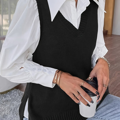 Chaleco de Punto Acanalado Cómodo para Mujeres con Cuello en V, Sin Mangas y Estilo Relajado y Oversized