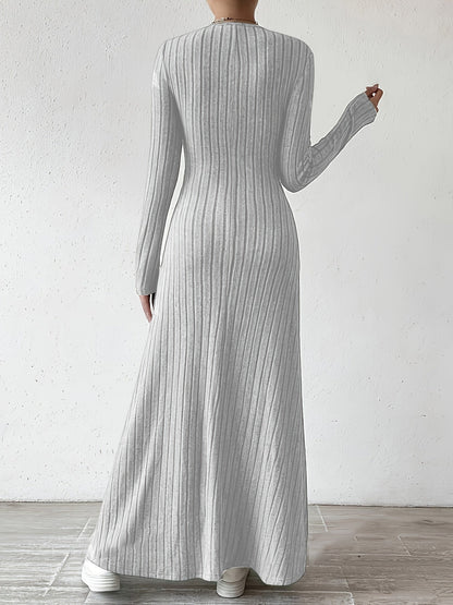 Elegante Vestido Largo de Punto Acanalado para Mujeres con Escote en V y Manga Larga Ajustado y Fluido