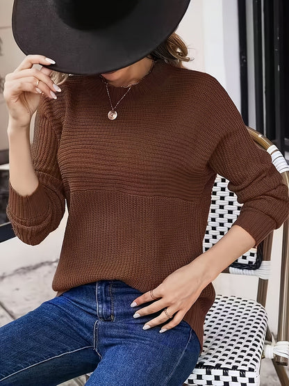 Suéter de Punto Acanalado Cómodo para Mujeres con Cuello Redondo y Manga Larga, Estilo Relajado y Sobredimensionado