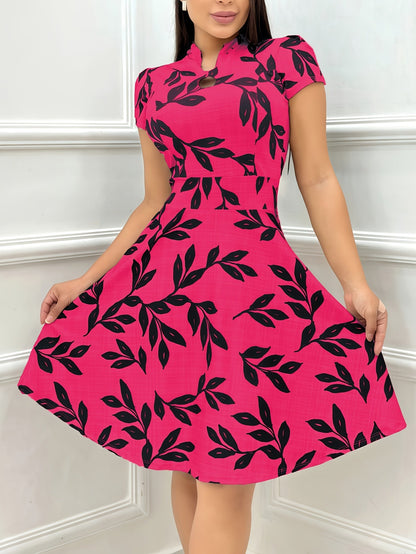 Vestido Elegante de Impresión de Hojas con Corte Ajustado y Amplio para Mujeres con Cuello en Forma de Ojal y Mangas Cortas Fluidas