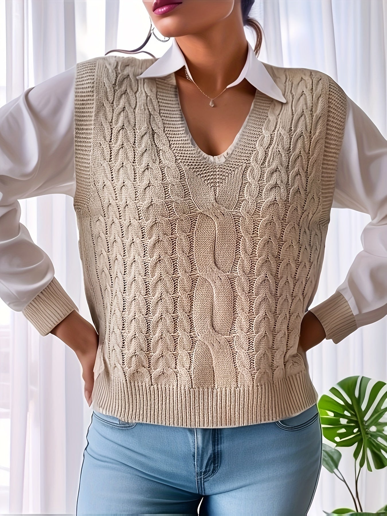 Chaleco de Punto Trenzado Cómodo para Mujeres con Escote en V, Sin Mangas, Estilo Relajado y Oversized