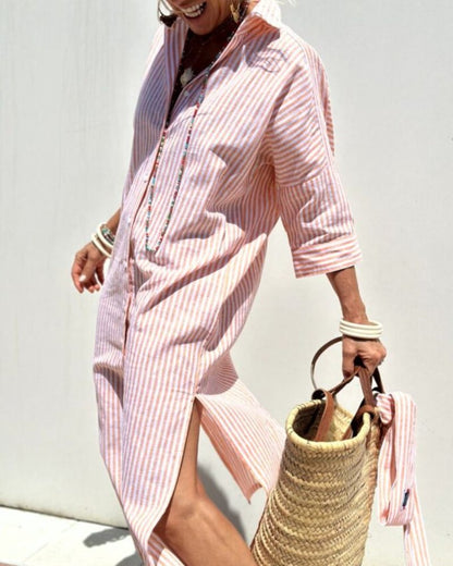 Vestido Camisa de Lino a Rayas Sin Esfuerzo para Mujeres con Cuello, Manga de Codo, Botones Frontales y Estilo Maxi Relajado