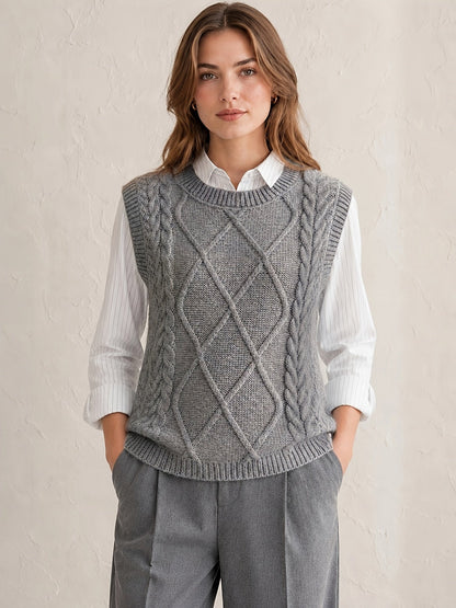 Chaleco de Punto de Cable Cómodo para Mujeres con Cuello Redondo Sin Mangas Estilo Preppy Relajado