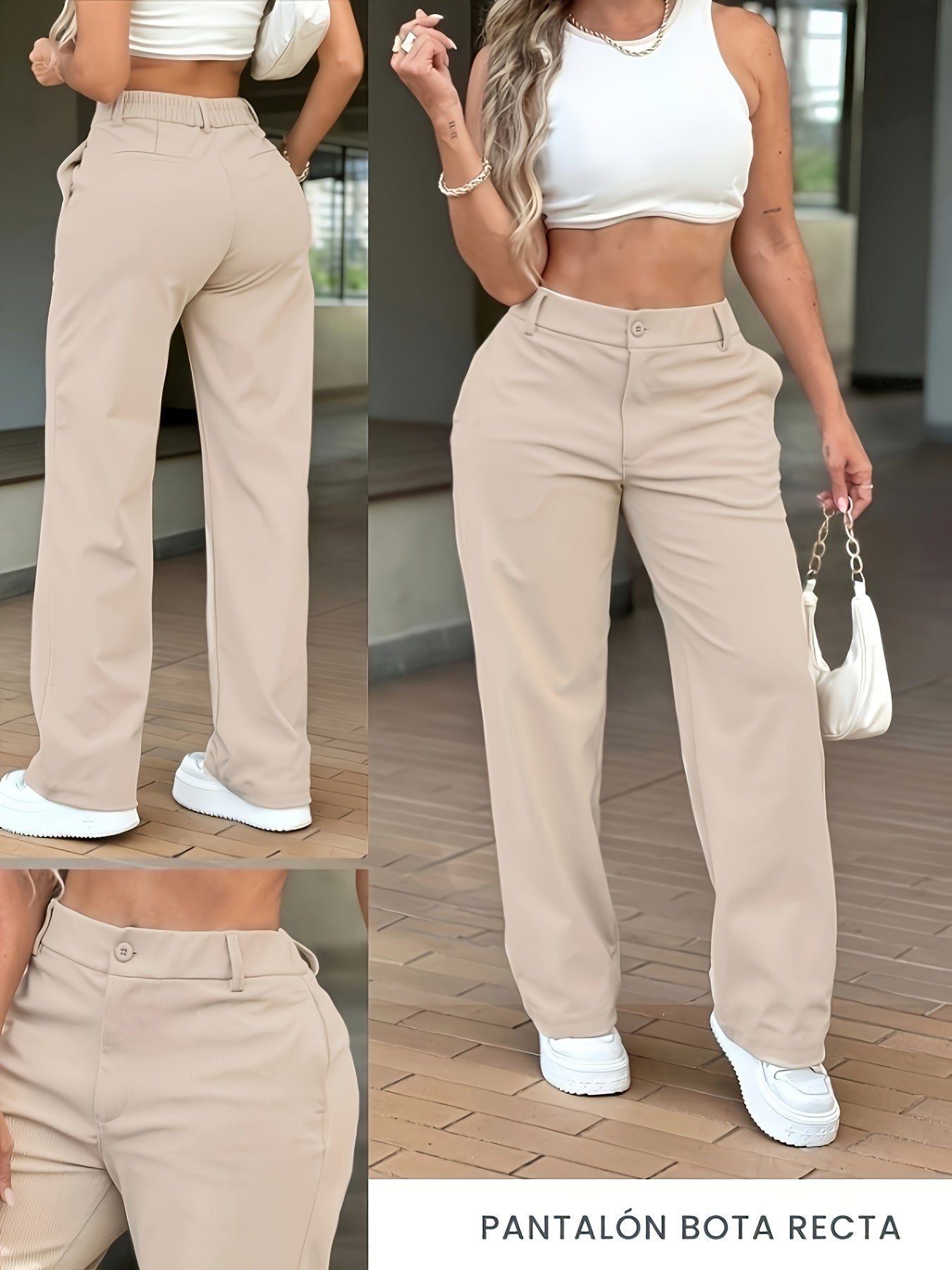 Pantalones Anchos de Caqui para Mujeres con Cintura Alta y Cierre Frontal de Botón, Estilo Relajado y Elegante