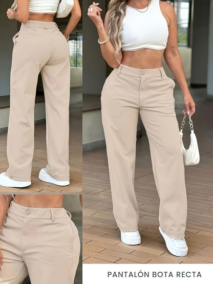 Pantalones Anchos de Caqui para Mujeres con Cintura Alta y Cierre Frontal de Botón, Estilo Relajado y Elegante