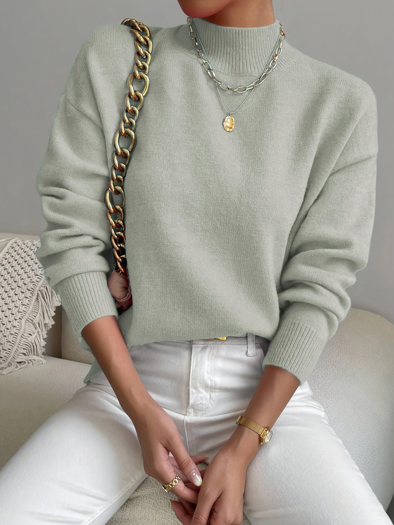 Suéter de punto cómodo para mujeres con cuello alto, mangas largas y estilo relajado y oversized