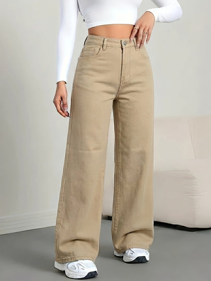 Jeans de Pierna Ancha Khaki Sin Esfuerzo para Mujeres con Cintura Alta y Estilo Casual Relajado