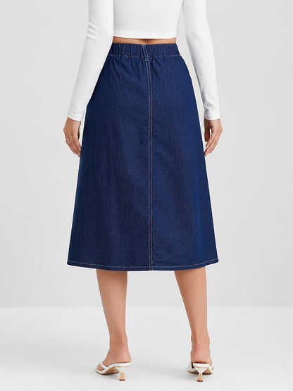 Falda Midi de Mezclilla Azul Medio para Mujeres con Botones Frontales Estilo A Plisado