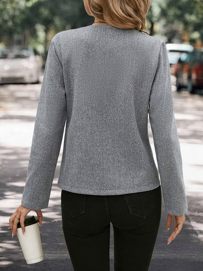 Chaqueta Elegante Gris Sin Cuello para Mujeres con Cuello Redondo, Manga Larga y Botones Frontal Estilo Tailored