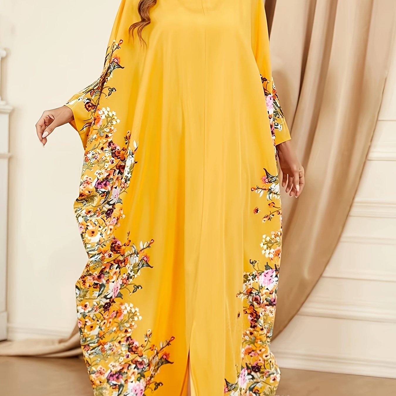 Elegante Vestido Maxi Kaftán Floral para Mujeres con Cuello Redondo y Mangas Murciélago
