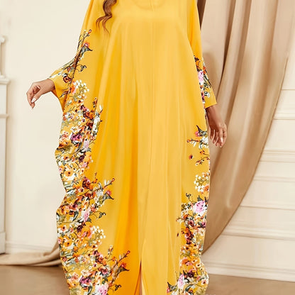 Elegante Vestido Maxi Kaftán Floral para Mujeres con Cuello Redondo y Mangas Murciélago