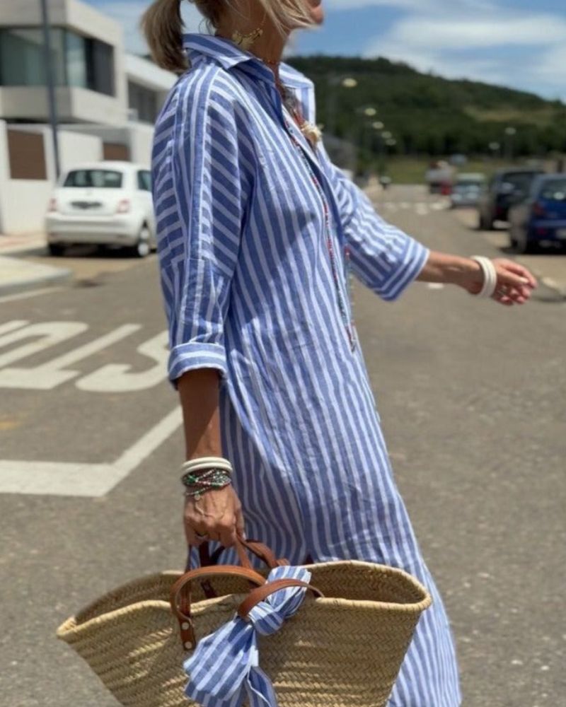 Vestido Camisa de Lino a Rayas Sin Esfuerzo para Mujeres con Cuello, Manga de Codo, Botones Frontales y Estilo Maxi Relajado