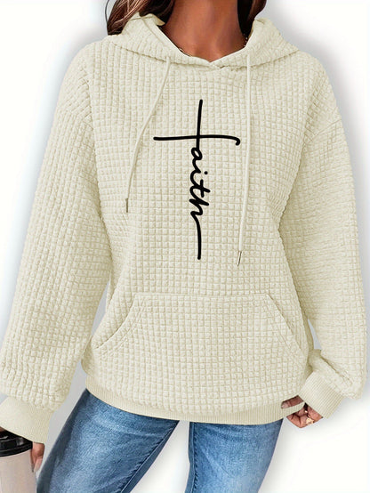 Sudadera gráfica de punto waffle cómoda para mujeres con capucha ajustable, de manga larga y estilo oversized