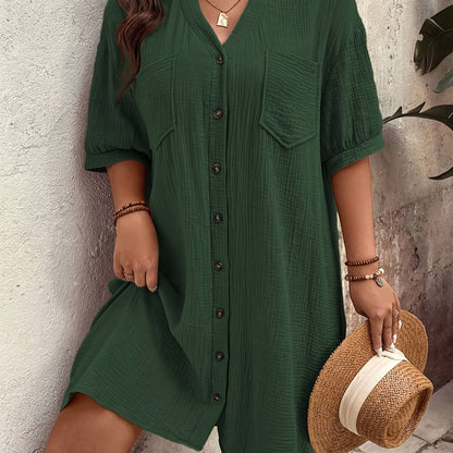 Vestido Camisero de Algodón Texturizado Sin Esfuerzo para Mujeres con Cuello en V, Manga Corta y Botones, Estilo Casual Relajado