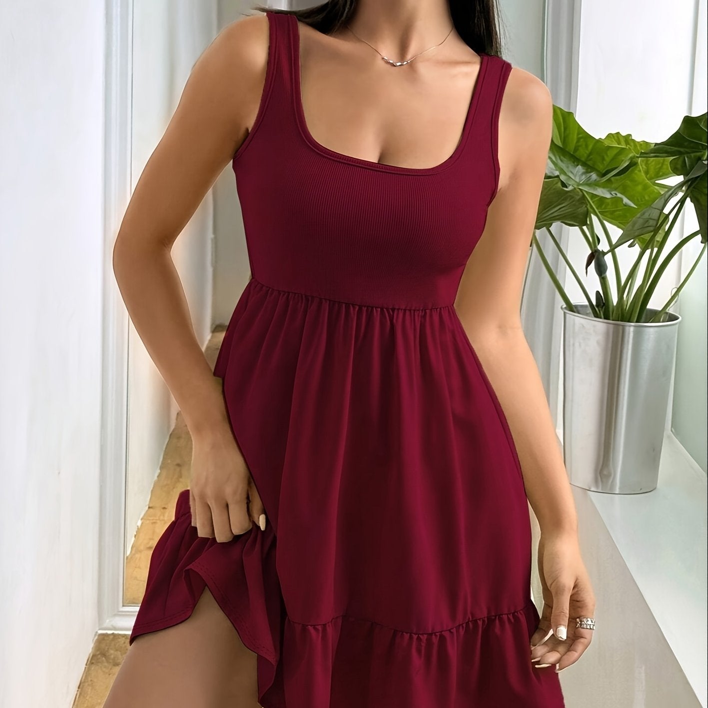 Vestido Mini Encapillado Sin Esfuerzo para Mujeres con Escote Cuadrado y Dobladillo Volante Estilo Casual