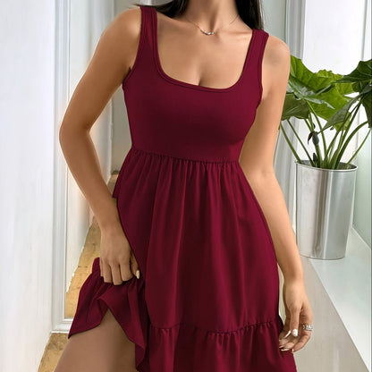 Vestido Mini Encapillado Sin Esfuerzo para Mujeres con Escote Cuadrado y Dobladillo Volante Estilo Casual