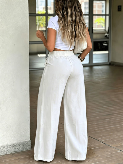 Pantalones de Pierna Ancha Sin Esfuerzo para Mujeres con Cintura Alta, Pliegues, Cierre de Botón y Estilo Casual Relajado