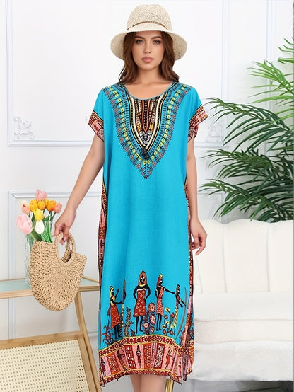 Vestido Kaftán de Impresión Tribal Sin Esfuerzo para Mujeres con Escote en V y Manga Corta Estilo Bohemio