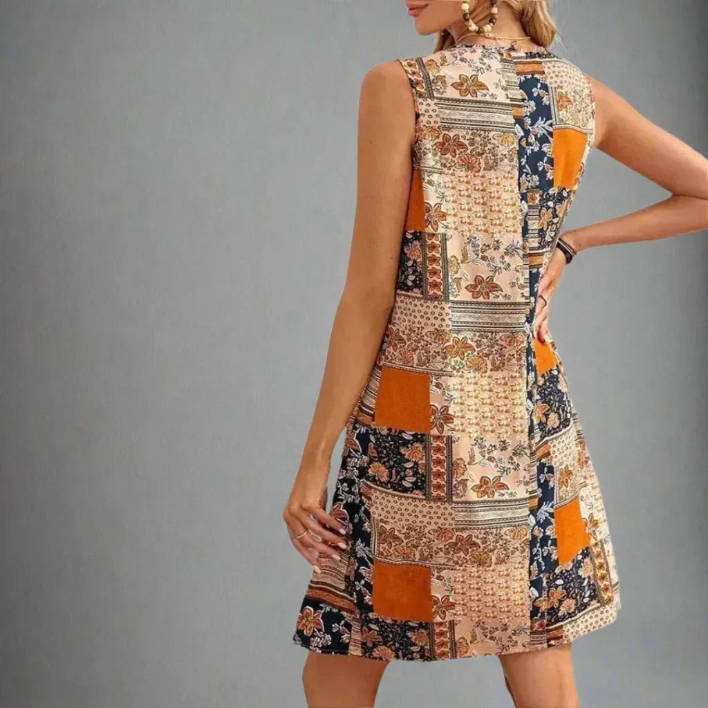 Vestido Mini Floral de Patchwork sin Esfuerzo para Mujeres con Escote Redondo, Sin Mangas, Plisado, Estilo Boho