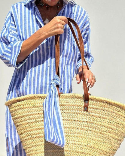 Vestido Camisa de Lino a Rayas Sin Esfuerzo para Mujeres con Cuello, Manga de Codo, Botones Frontales y Estilo Maxi Relajado