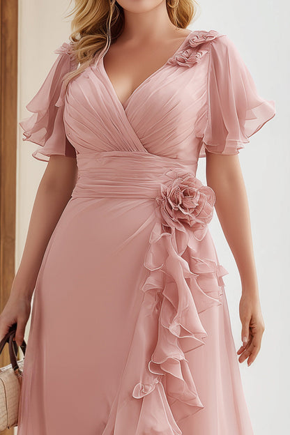 Vestido Maxi de Chifón Rosa Empolvado Elegante para Mujeres con Escote en V, Mangas de Volantes y Cascada para Invitadas de Boda