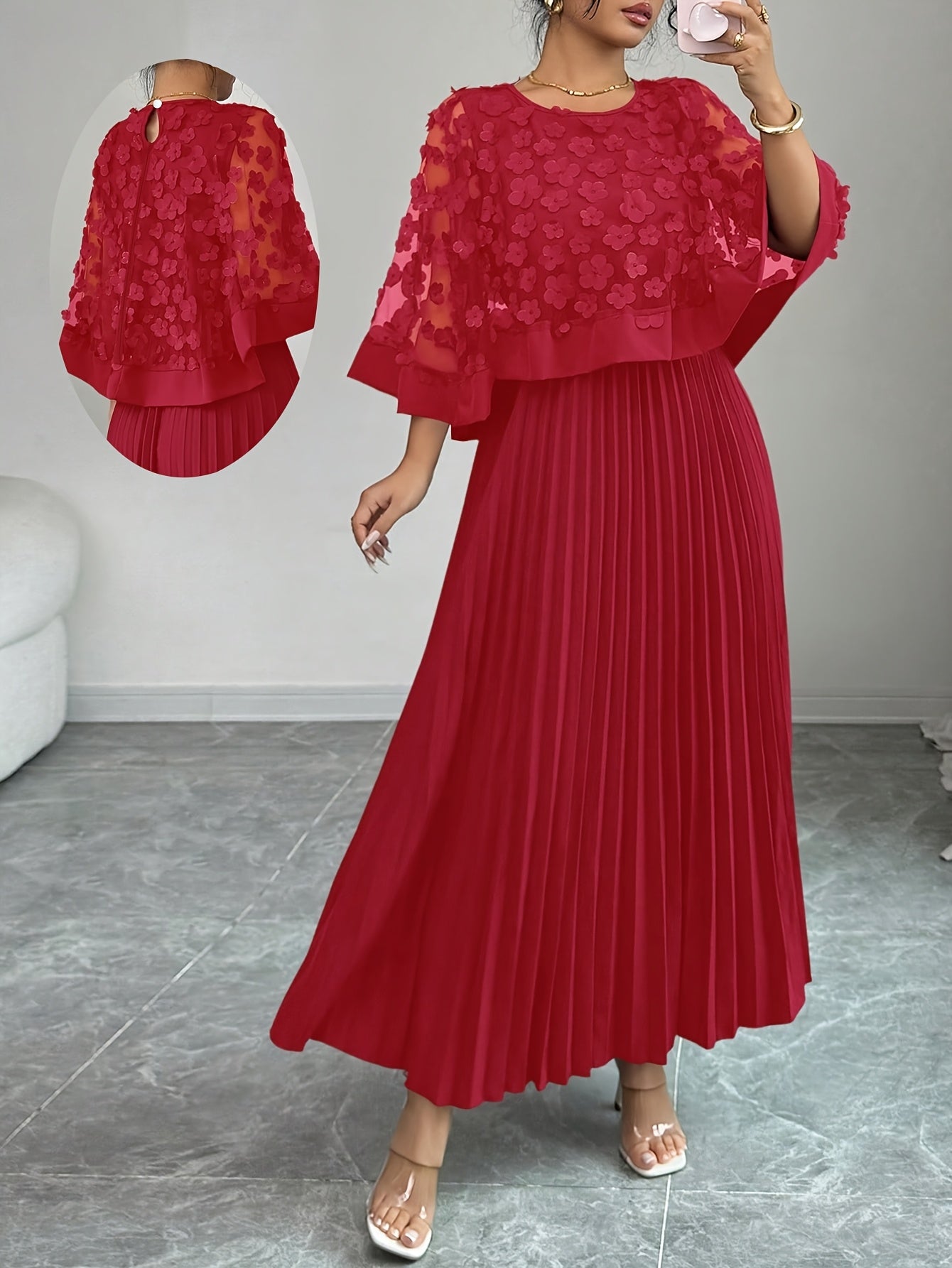 Elegante Vestido Largo Plisado Floral para Mujeres con Cuello Redondo y Manga Capa con Apliques, Estilo Formal para Invitadas de Boda