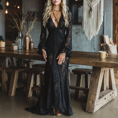 Elegante Vestido Maxi de Encaje Negro para Mujeres con Escote en V y Mangas de Campana Transparentes Estilo Bohemio