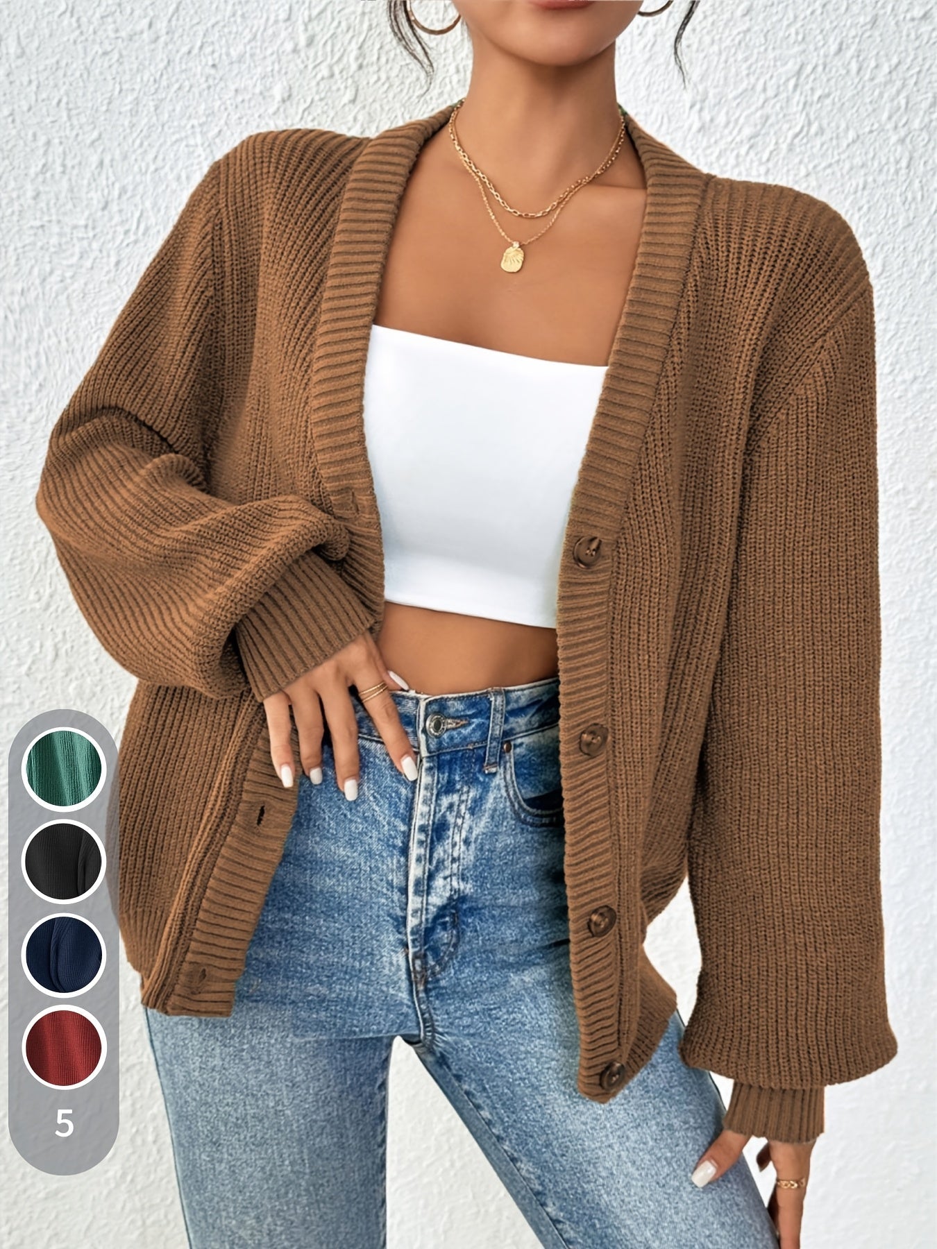 Cárdigan de Punto Acanalado Cómodo para Mujeres con Cuello en V, Mangas Globo, Botones en la Parte Frontal y Estilo Oversized