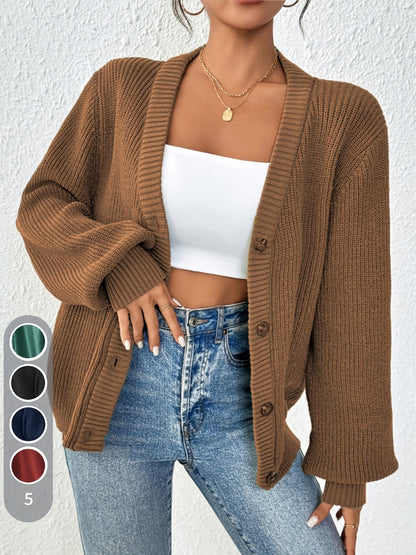 Cárdigan de Punto Acanalado Cómodo para Mujeres con Cuello en V, Mangas Globo, Botones en la Parte Frontal y Estilo Oversized