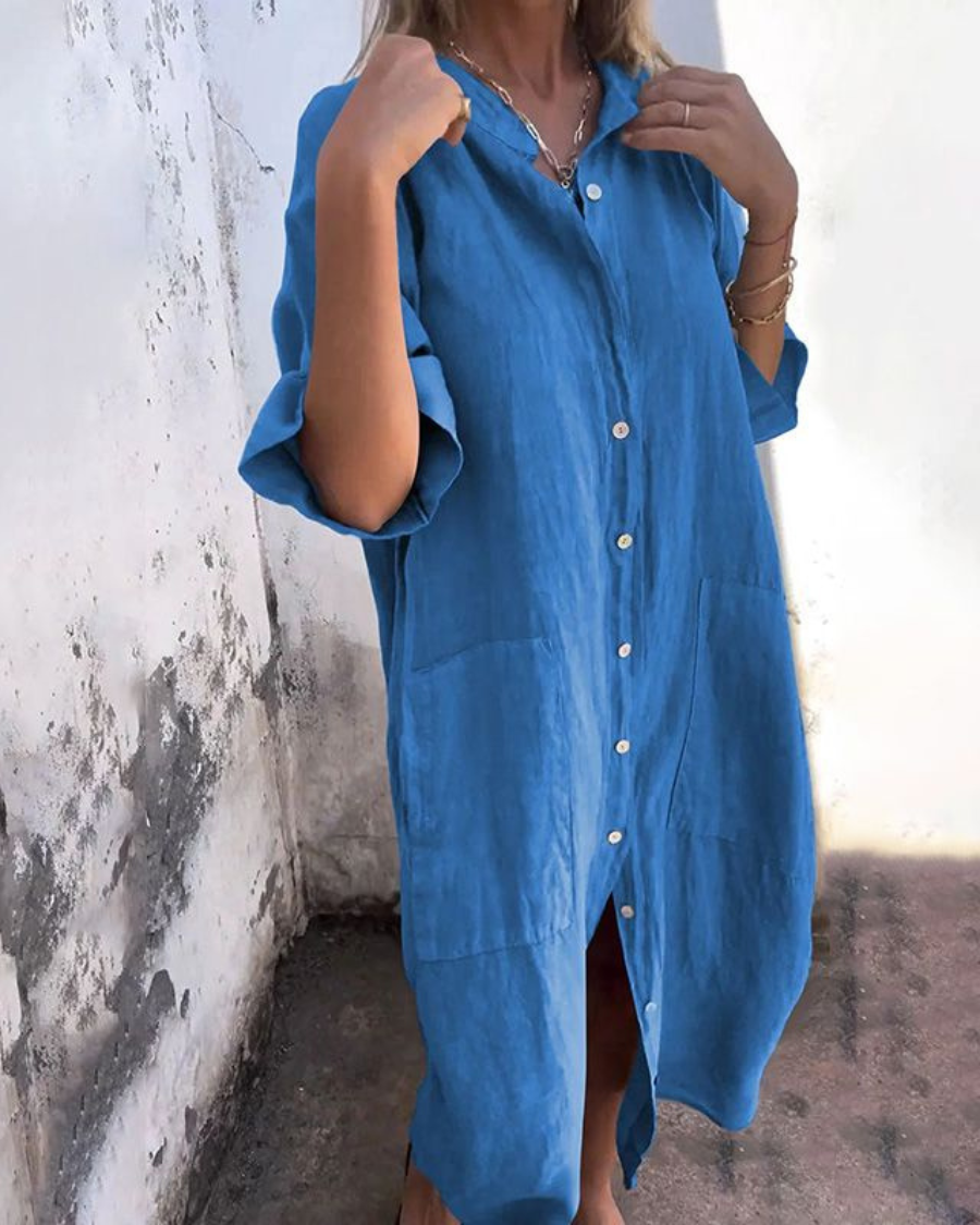 Vestido Camisa de Lino Sin Esfuerzo para Mujeres con Cuello y Manga Corta, Estilo Relajado con Botones