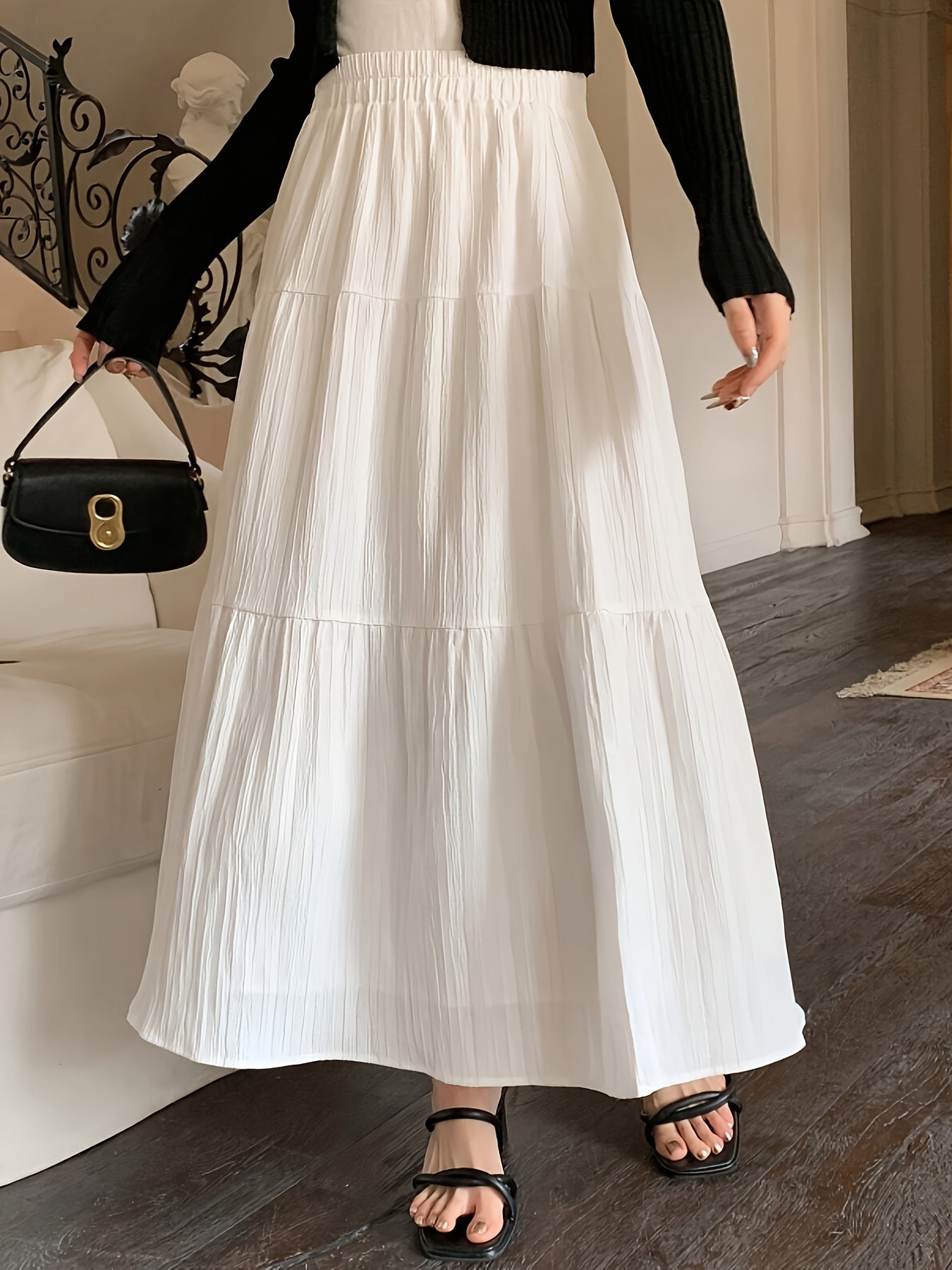 Falda Maxi Blanca de Capas Elegante para Mujeres con Cintura Alta Elástica Estilo A Line Fluyente