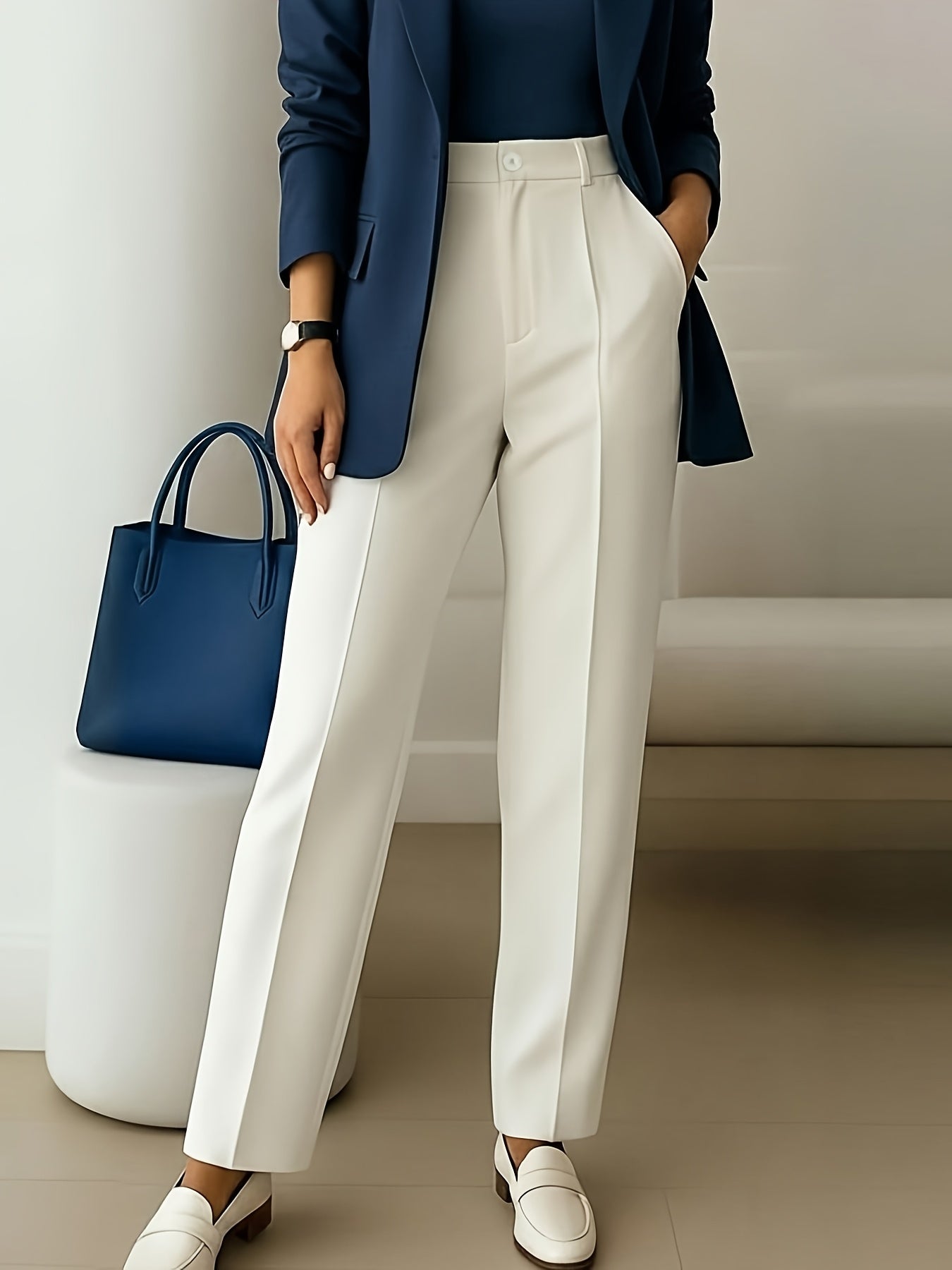 Pantalones Elegantes de Pierna Ancha para Mujeres con Cintura Alta y Pliegues, Estilo Oficina