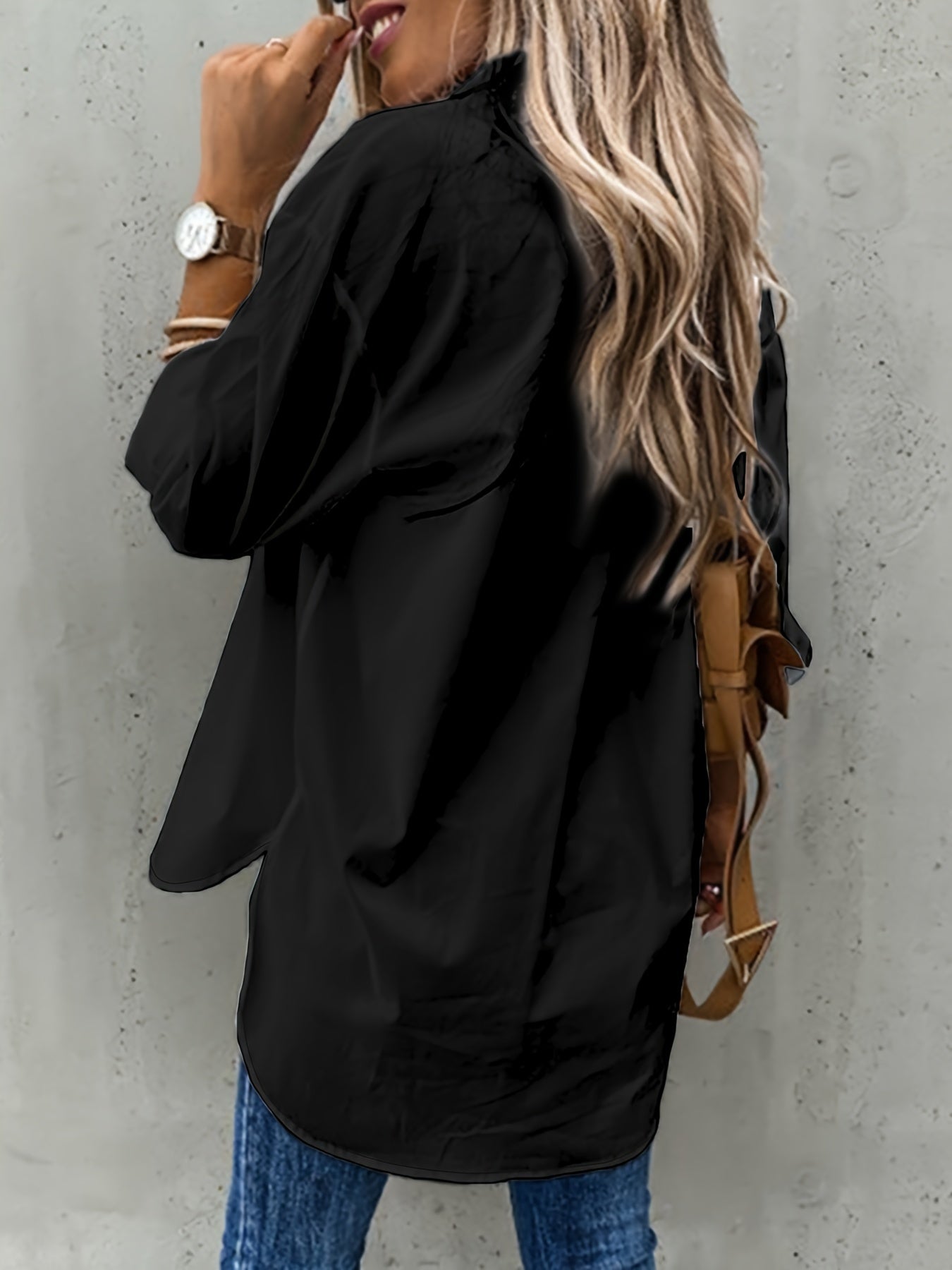 Blusa de Bolsillo Utilitaria sin Esfuerzo para Mujeres con Cuello y Manga Larga de Corte Curvado Relajado