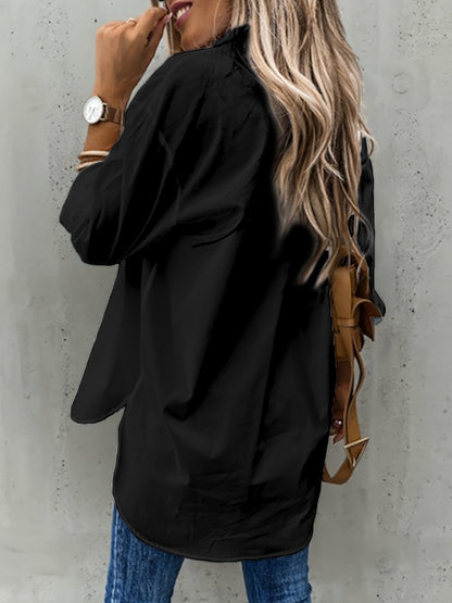 Blusa de Bolsillo Utilitaria sin Esfuerzo para Mujeres con Cuello y Manga Larga de Corte Curvado Relajado